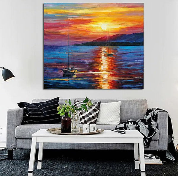 Boat Paintings, Simple Modern Art, Paintings for Living Room, Sunrise Painting, landscape Canvas Painting, Hand Painted Canvas Painting-ArtWorkCrafts.com