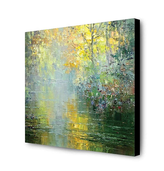 Abstract Landscape Painting, Forest Tree by the River, Landscape Canvas Painting, Simple Modern Wall Art Paintings for Living Room, Large Landscape Paintings-ArtWorkCrafts.com