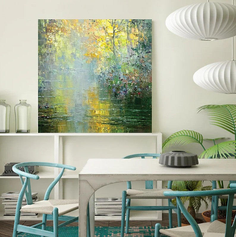 Abstract Landscape Painting, Forest Tree by the River, Landscape Canvas Painting, Simple Modern Wall Art Paintings for Living Room, Large Landscape Paintings-ArtWorkCrafts.com