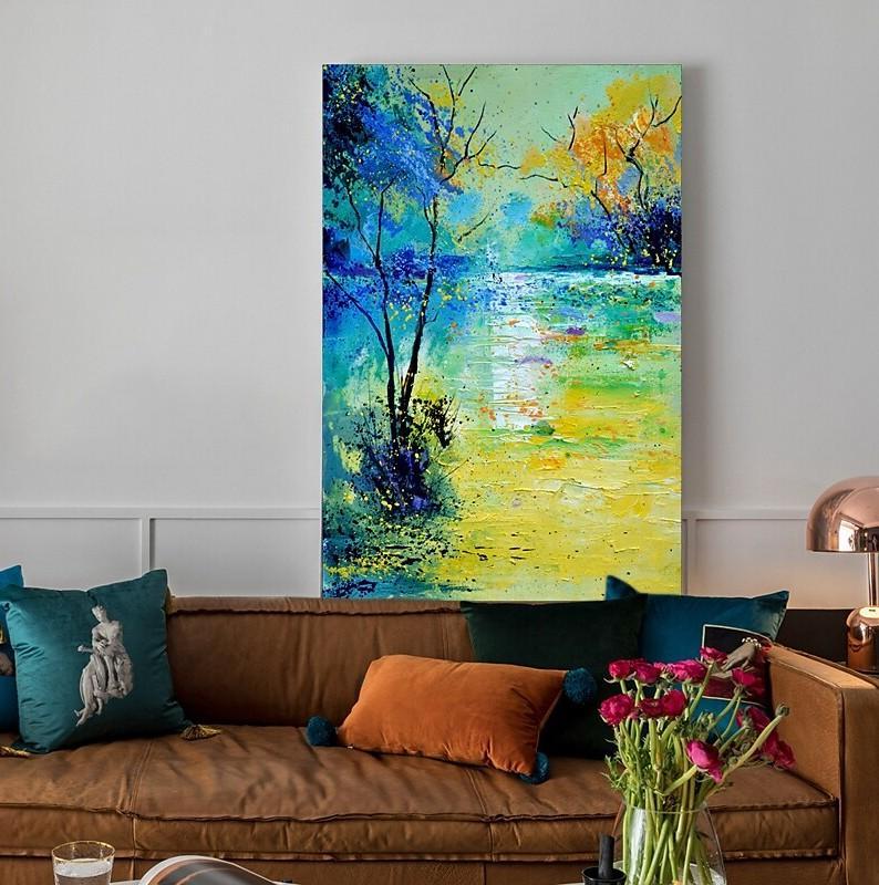 Forest Tree by the Lake Painting, Abstract Landscape Painting, Canvas Painting Landscape, Paintings for Living Room, Simple Modern Acrylic Paintings,-ArtWorkCrafts.com