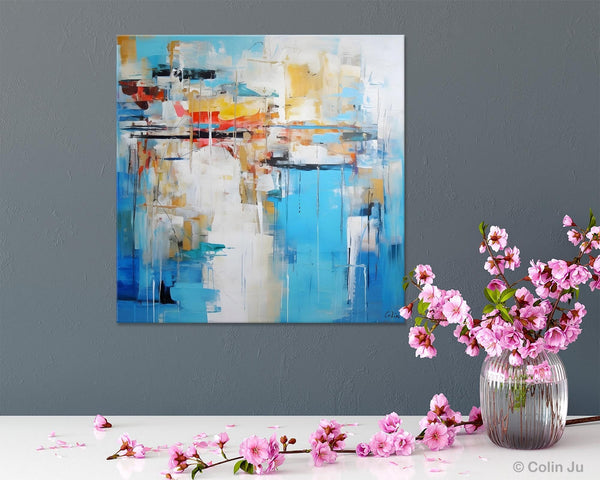 Blue Abstract Painting for Bedroom, Original Modern Wall Paintings, Contemporary Canvas Art, Modern Acrylic Artwork, Buy Paintings Online-ArtWorkCrafts.com