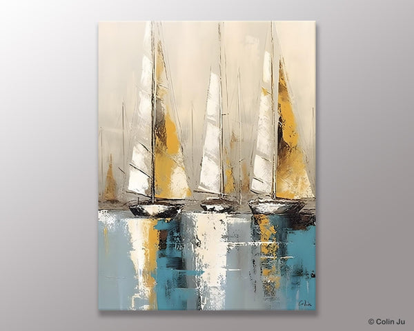 Large Painting Ideas for Living Room, Large Original Canvas Art for Bedroom, Sail Boat Canvas Painting, Modern Abstract Wall Art Paintings-ArtWorkCrafts.com