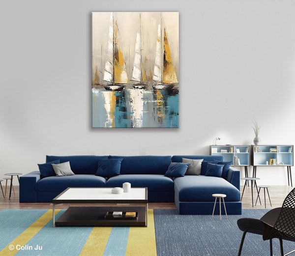 Large Painting Ideas for Living Room, Large Original Canvas Art for Bedroom, Sail Boat Canvas Painting, Modern Abstract Wall Art Paintings-ArtWorkCrafts.com