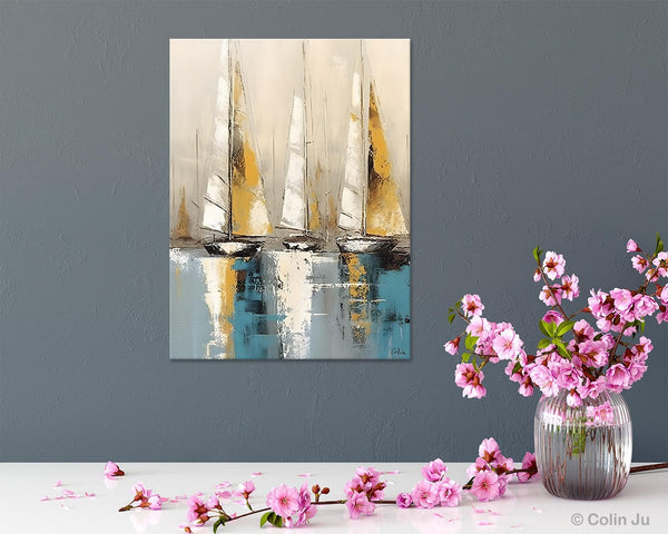 Large Painting Ideas for Living Room, Large Original Canvas Art for Bedroom, Sail Boat Canvas Painting, Modern Abstract Wall Art Paintings-ArtWorkCrafts.com