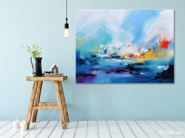 Hand Painted Canvas Art, Blue Original Wall Art Painting for Bedroom, Extra Large Modern Canvas Paintings, Acrylic Paintings on Canvas-ArtWorkCrafts.com