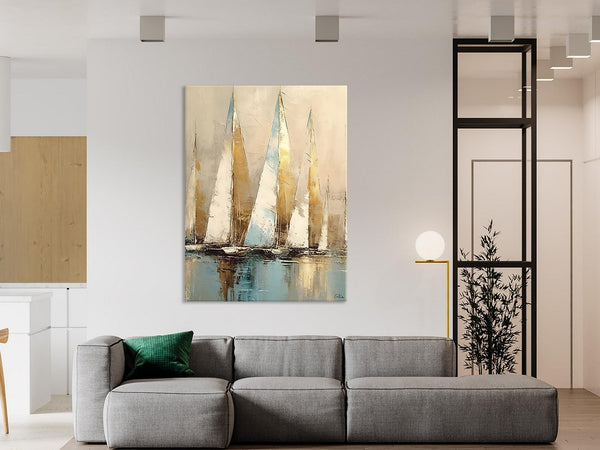 Sail Boat Abstract Painting, Landscape Canvas Paintings for Dining Room, Acrylic Painting on Canvas, Original Landscape Abstract Painting-ArtWorkCrafts.com