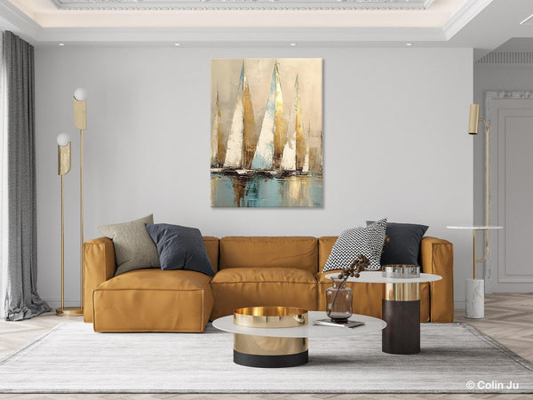 Sail Boat Abstract Painting, Landscape Canvas Paintings for Dining Room, Acrylic Painting on Canvas, Original Landscape Abstract Painting-ArtWorkCrafts.com