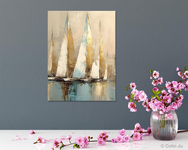 Sail Boat Abstract Painting, Landscape Canvas Paintings for Dining Room, Acrylic Painting on Canvas, Original Landscape Abstract Painting-ArtWorkCrafts.com