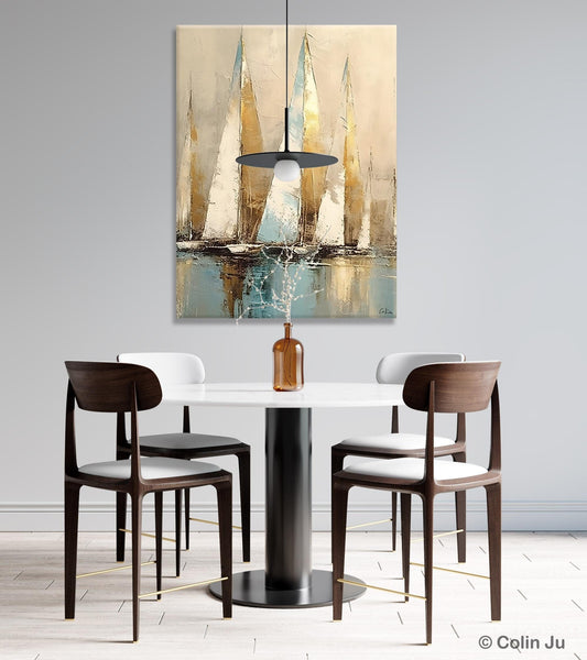 Sail Boat Abstract Painting, Landscape Canvas Paintings for Dining Room, Acrylic Painting on Canvas, Original Landscape Abstract Painting-ArtWorkCrafts.com