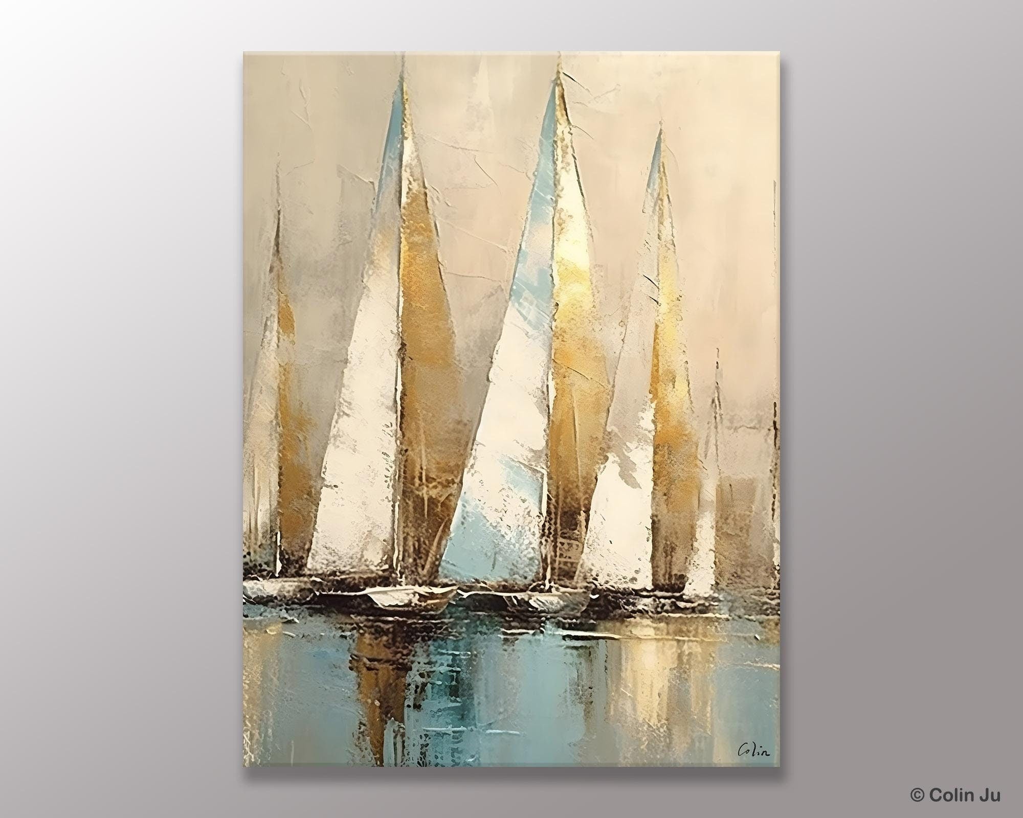 Sail Boat Abstract Painting, Landscape Canvas Paintings for Dining