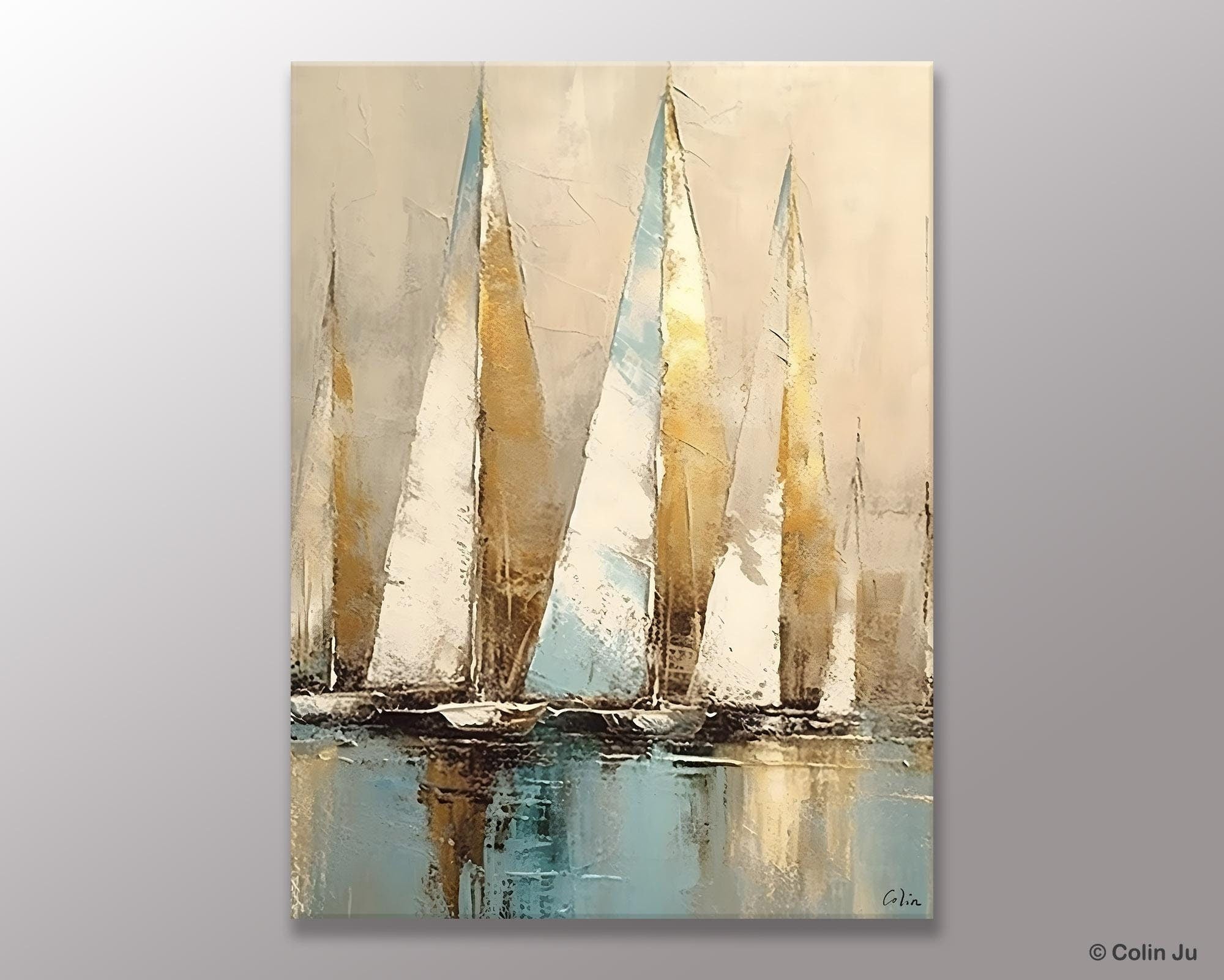 Sail Boat Abstract Painting, Landscape Canvas Paintings for Dining Room, Acrylic Painting on Canvas, Original Landscape Abstract Painting-ArtWorkCrafts.com