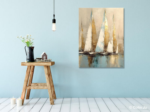 Sail Boat Abstract Painting, Landscape Canvas Paintings for Dining Room, Acrylic Painting on Canvas, Original Landscape Abstract Painting-ArtWorkCrafts.com