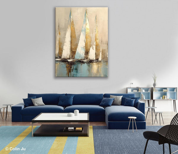 Sail Boat Abstract Painting, Landscape Canvas Paintings for Dining Room, Acrylic Painting on Canvas, Original Landscape Abstract Painting-ArtWorkCrafts.com