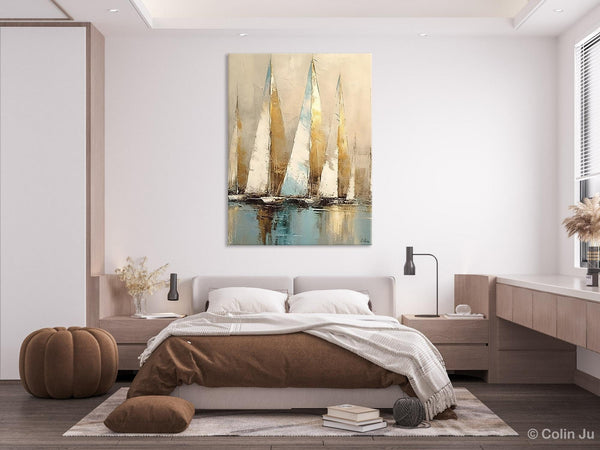 Sail Boat Abstract Painting, Landscape Canvas Paintings for Dining Room, Acrylic Painting on Canvas, Original Landscape Abstract Painting-ArtWorkCrafts.com
