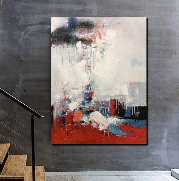 Simple Wall Art Ideas, Red Modern Abstract Painting, Dining Room Abstract Paintings, Buy Art Online, Large Acrylic Canvas Paintings-ArtWorkCrafts.com