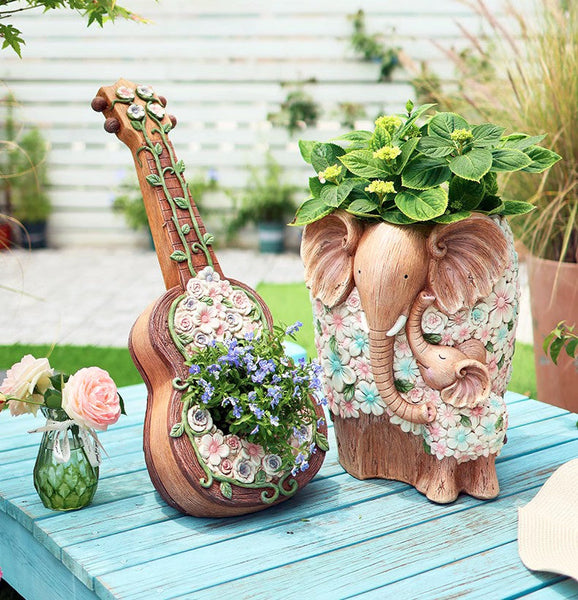 Modern Garden Flower Pot, Unique Guitar Flowerpot for Garden Ornaments, Beautiful Guitar Flowerpot, Villa Outdoor Decor Gardening Ideas-ArtWorkCrafts.com