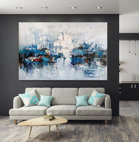 Large Wall Art Paintings Behind Sofa, Acrylic Paintings on Canvas, Acrylic Painting for Bedroom, Blue Modern Paintings, Heavy Texture Canvas Art-ArtWorkCrafts.com