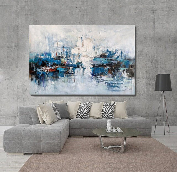 Large Wall Art Paintings Behind Sofa, Acrylic Paintings on Canvas, Acrylic Painting for Bedroom, Blue Modern Paintings, Heavy Texture Canvas Art-ArtWorkCrafts.com
