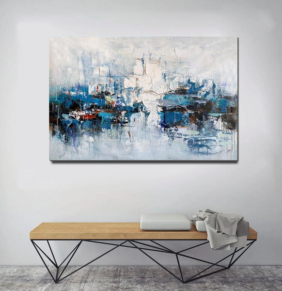 Large Wall Art Paintings Behind Sofa, Acrylic Paintings on Canvas, Acrylic Painting for Bedroom, Blue Modern Paintings, Heavy Texture Canvas Art-ArtWorkCrafts.com
