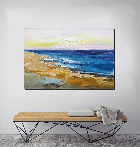 Large Paintings Behind Sofa, Landscape Painting for Living Room, Acrylic Paintings on Canvas, Heavy Texture Painting, Seashore Beach Painting-ArtWorkCrafts.com