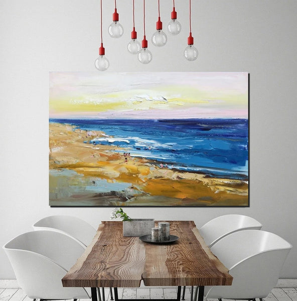 Large Paintings Behind Sofa, Landscape Painting for Living Room, Acrylic Paintings on Canvas, Heavy Texture Painting, Seashore Beach Painting-ArtWorkCrafts.com