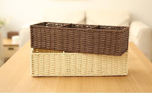 Woven Straw Storage basket with 3 Compartments, Wicker Storage Basket, Rectangle Storage Basket for Living Room-ArtWorkCrafts.com