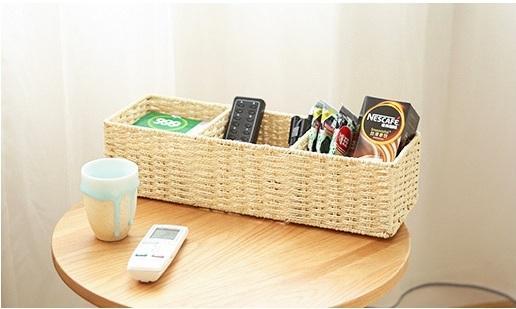 Woven Straw Storage basket with 3 Compartments, Wicker Storage Basket, Rectangle Storage Basket for Living Room-ArtWorkCrafts.com