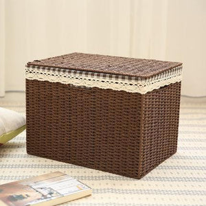 Large Deep Brown / Cream Color Woven Straw basket with Cover, Storage Basket for Toys, Rectangle Storage Basket, Storage Basket for Clothes-ArtWorkCrafts.com
