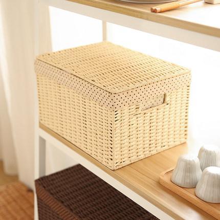 Storage Basket, Rectangle Basket, Deep Brown / Cream Color Woven Straw basket with Cover-ArtWorkCrafts.com