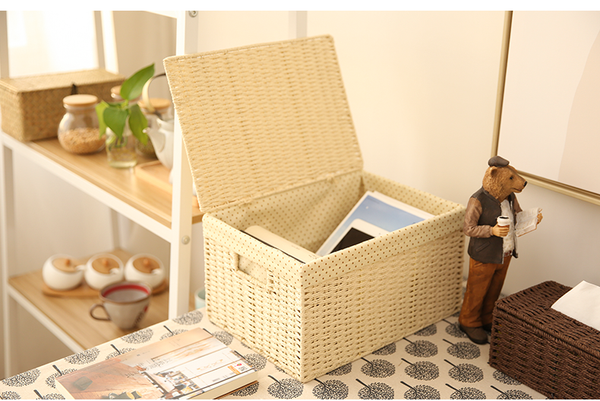 Storage Basket, Rectangle Basket, Deep Brown / Cream Color Woven Straw basket with Cover-ArtWorkCrafts.com