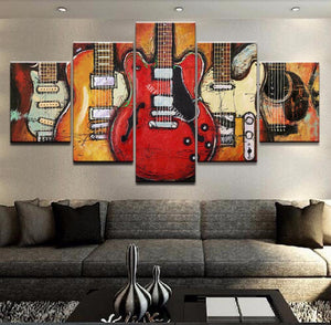 5 Piece Abstract Painting, Guitar Painting, Large Paintings for Living Room, Modern Abstract Painting, Musical Instrument Painting-ArtWorkCrafts.com