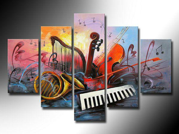 Music Painting, Modern Paintings for Living Room, Abstract Acrylic Painting, Violin, Saxophone, Harp, 5 Piece Abstract Wall Art Paintings-ArtWorkCrafts.com