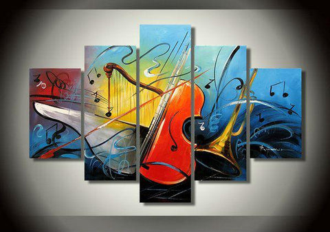 Modern Abstract Paintings, Living Room Modern Art, Music Painting, Violin Painting, Abstract Painting on Canvas, 5 Piece Canvas Painting-ArtWorkCrafts.com