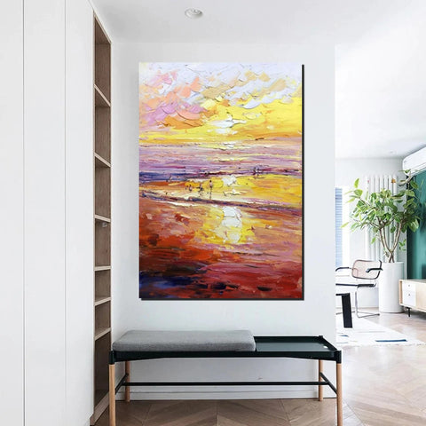 Canvas Paintings for Bedroom, Large Paintings on Canvas, Landscape Painting for Living Room, Sunrise Seashore Painting, Heavy Texture Paintings-ArtWorkCrafts.com