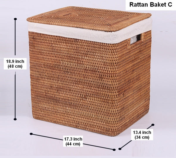Rectangular Storage Baskets, Large Brown Rattan Storage Baskets, Storage Baskets for Bathroom, Storage Basket with Lid, Storage Baskets for Clothes-ArtWorkCrafts.com