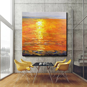 Landscape Acrylic Paintings, Sunrise Seascape Painting, Modern Wall Art Paintings, Heavy Texture Painting, Large Painting Behind Sofa-ArtWorkCrafts.com