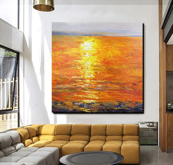 Landscape Acrylic Paintings, Sunrise Seascape Painting, Modern Wall Art Paintings, Heavy Texture Painting, Large Painting Behind Sofa-ArtWorkCrafts.com
