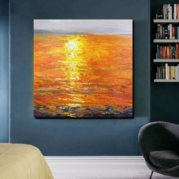 Landscape Acrylic Paintings, Sunrise Seascape Painting, Modern Wall Art Paintings, Heavy Texture Painting, Large Painting Behind Sofa-ArtWorkCrafts.com