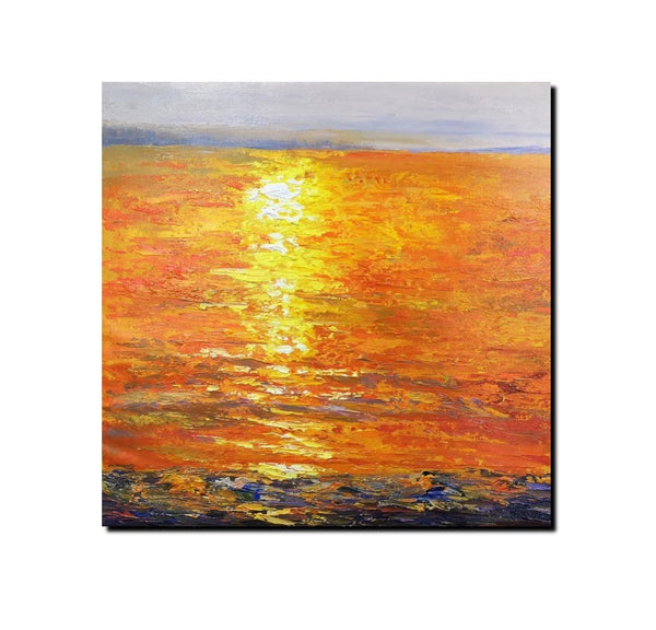 Landscape Acrylic Paintings, Sunrise Seascape Painting, Modern Wall Art Paintings, Heavy Texture Painting, Large Painting Behind Sofa-ArtWorkCrafts.com