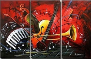 Abstract Art, Red Abstract Painting, Bedroom Wall Art, Violin, Horn, Guitar Painting, Extra Large Painting-ArtWorkCrafts.com