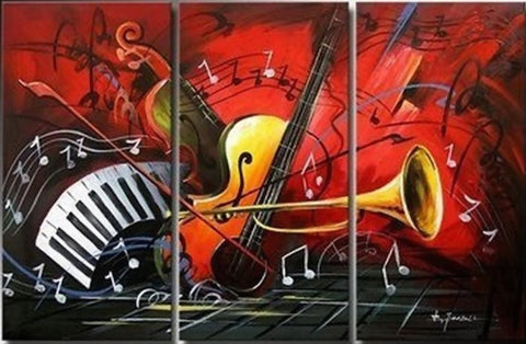 Abstract Art, Red Abstract Painting, Bedroom Wall Art, Violin, Horn, Guitar Painting, Extra Large Painting-ArtWorkCrafts.com