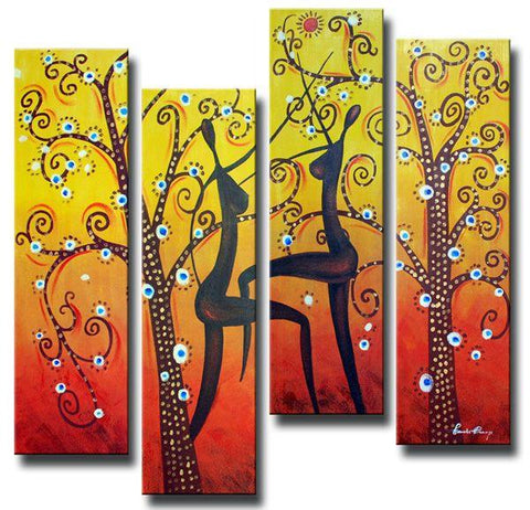 Tree of Life Painting, African Girl Painting, 4 Piece Canvas Paintings, Abstract Figure Art, Abstract Wall Art Paintings-ArtWorkCrafts.com
