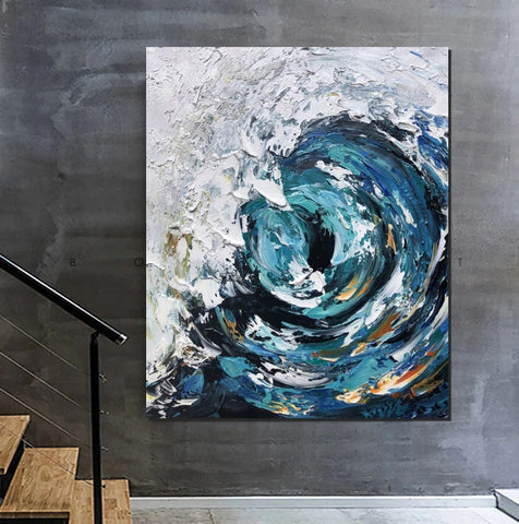 Big Wave Painting, Seascape Canvas Painting, Living Room Wall Art Painting, Landscape Canvas Paintings, Heavy Texture Canvas Art-ArtWorkCrafts.com