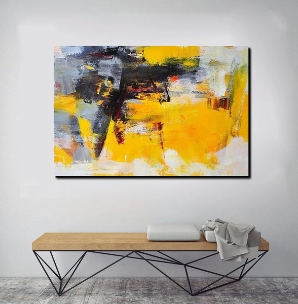 Living Room Modern Paintings, Yellow Acylic Abstract Paintings, Large Painting Behind Sofa, Buy Abstract Painting Online, Simple Modern Art-ArtWorkCrafts.com