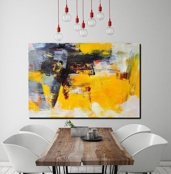 Living Room Modern Paintings, Yellow Acylic Abstract Paintings, Large Painting Behind Sofa, Buy Abstract Painting Online, Simple Modern Art-ArtWorkCrafts.com