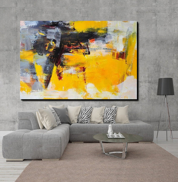 Living Room Modern Paintings, Yellow Acylic Abstract Paintings, Large Painting Behind Sofa, Buy Abstract Painting Online, Simple Modern Art-ArtWorkCrafts.com