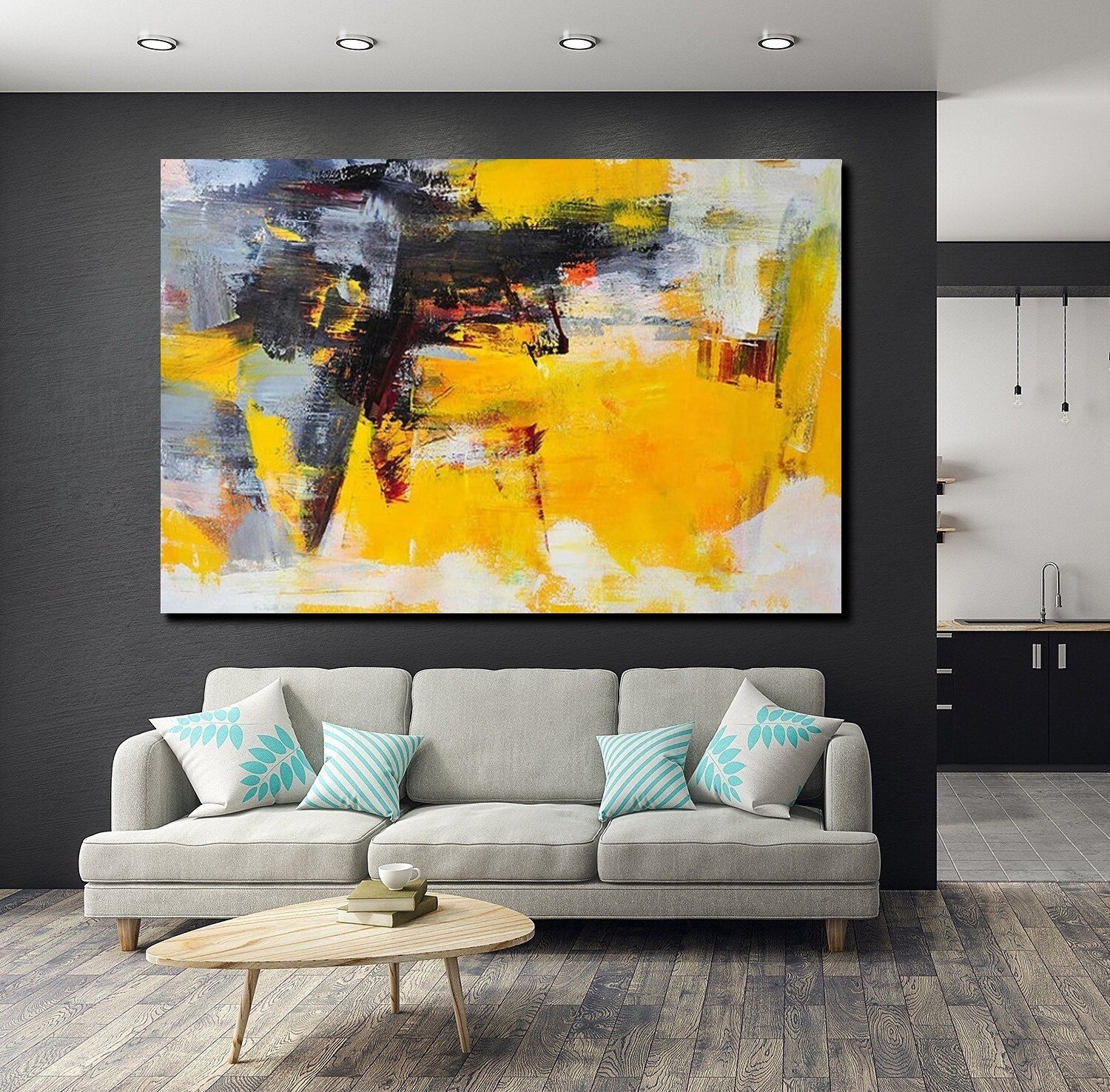 Living Room Modern Paintings, Yellow Acylic Abstract Paintings, Large Painting Behind Sofa, Buy Abstract Painting Online, Simple Modern Art-ArtWorkCrafts.com