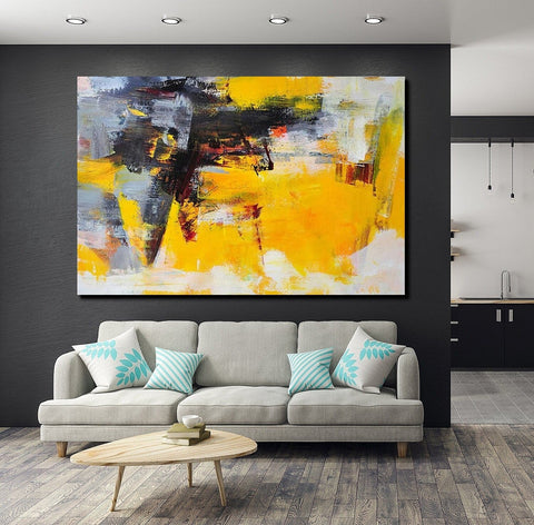 Living Room Modern Paintings, Yellow Acylic Abstract Paintings, Large Painting Behind Sofa, Buy Abstract Painting Online, Simple Modern Art-ArtWorkCrafts.com