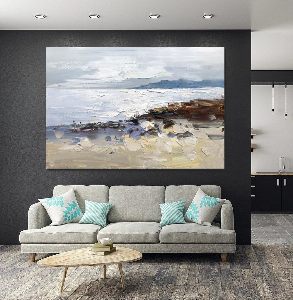 Landscape Paintings for Living Room, Landscape Canvas Paintings, Abstract Landscape Paintings, Seashore Beach paintings, Heavy Texture Canvas Art-ArtWorkCrafts.com