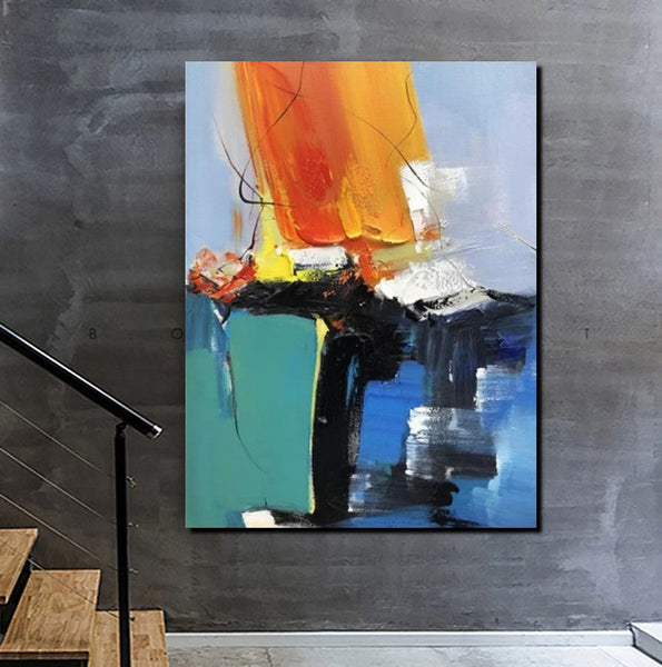 Acrylic Paintings on Canvas, Large Paintings Behind Sofa, Abstract Painting for Living Room, Blue Modern Paintings, Palette Knife Paintings-ArtWorkCrafts.com
